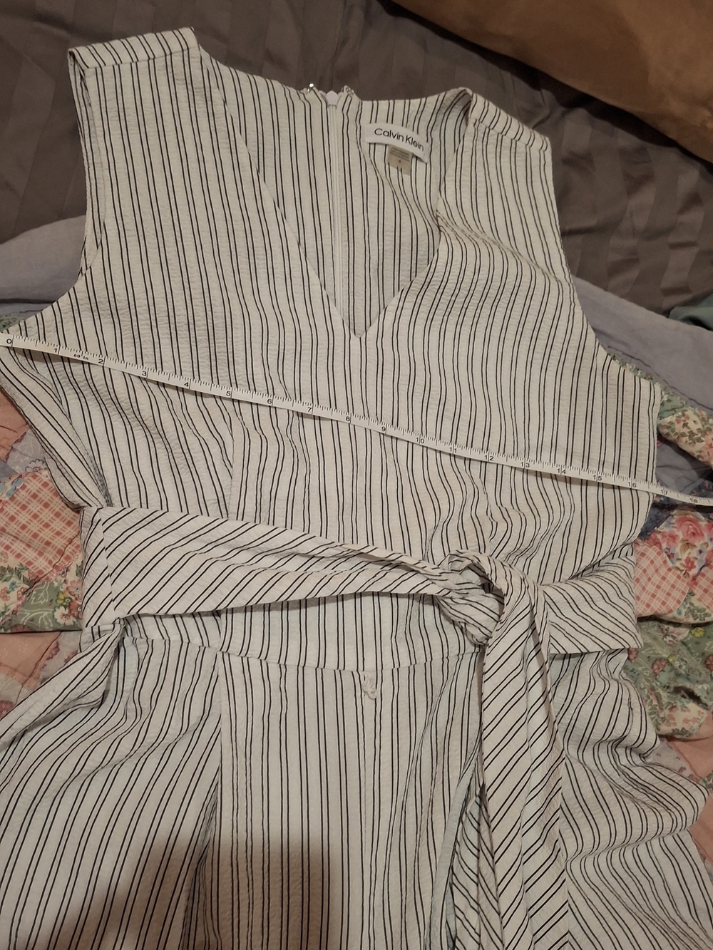 Calvin Klein Striped V-Neck Tie-Waist Cropped Jumpsuit in Beige and White - Picture 13 of 16
